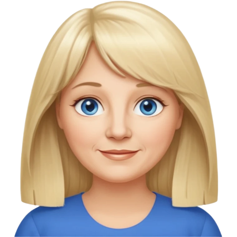 50 yr old white woman, curtain bangs, very long straight blond hair, oval face, small smile, blue eyes, slightly chubby face emoji