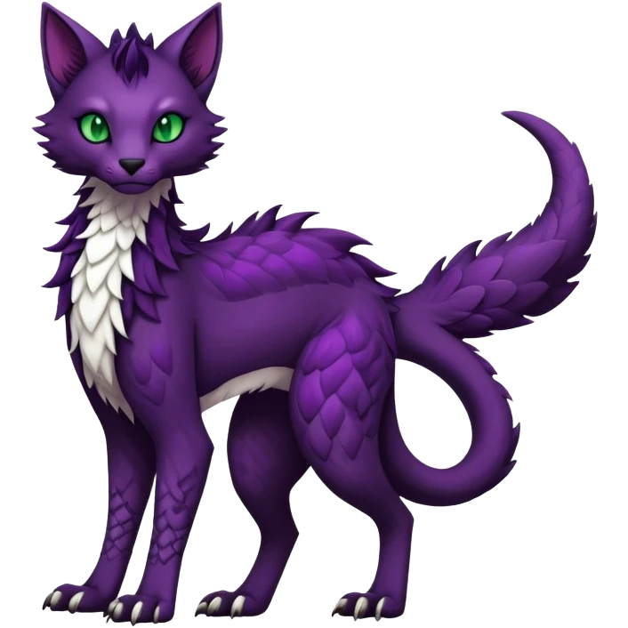 Kawaii dark edgy dark deep purplish with dark green eyes fantasy feline-vernid-sergal-fursona animal creature with a tufted tail full body with intricate markings  emoji