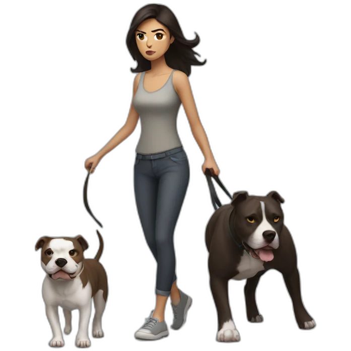 a woman with dark hair is angry and walks with a pitbull emoji