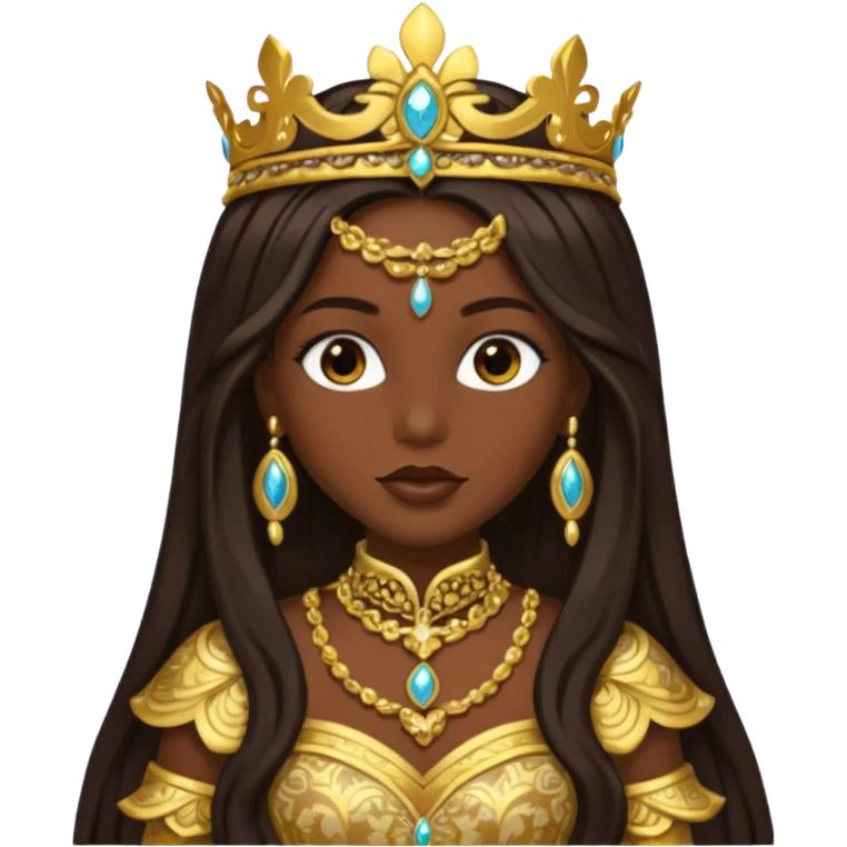 Bilquis from American Gods with dark skin, dark brown long hair, gold outfit emoji