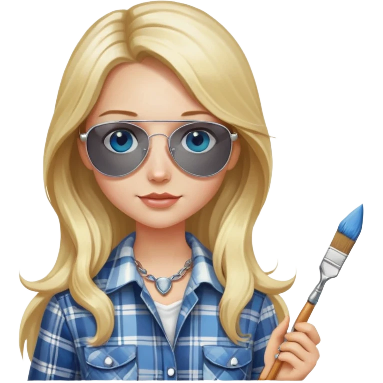 girl with long blond hair, wearing plaid shirt with blue eyes and aviator sunglasses wearing a ring on her silver necklace, holding a wide paintbrush emoji