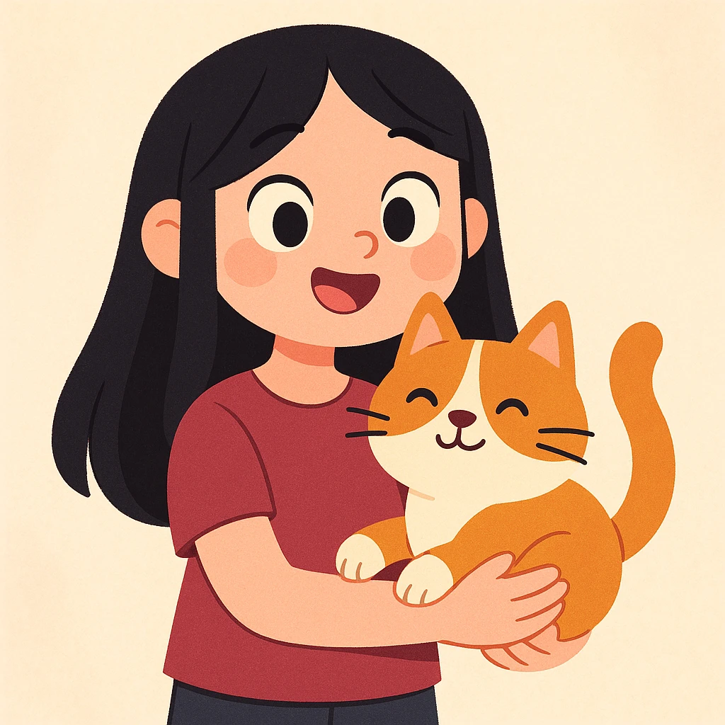 cute girl with straight long black hair, maroon shirt, holding a cat, soft pastel cartoon style emoji