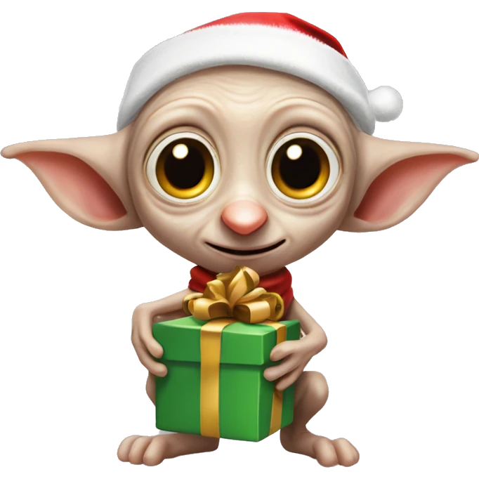 Dobby the house-elf wearing a tiny Santa hat, holding a wrapped gift with his big, joyful eyes shining emoji