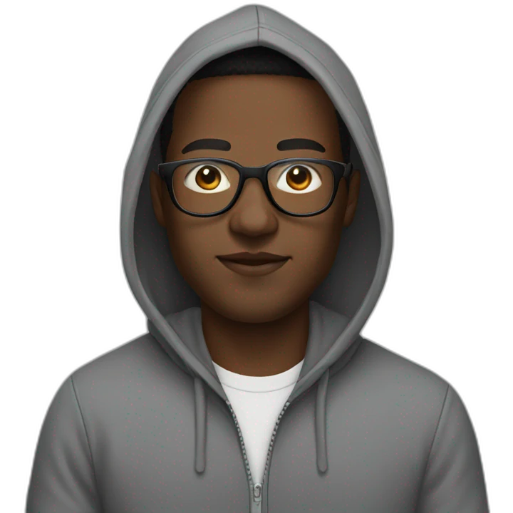 Black man wearing a grey hoodie that is unzipped with glasses emoji