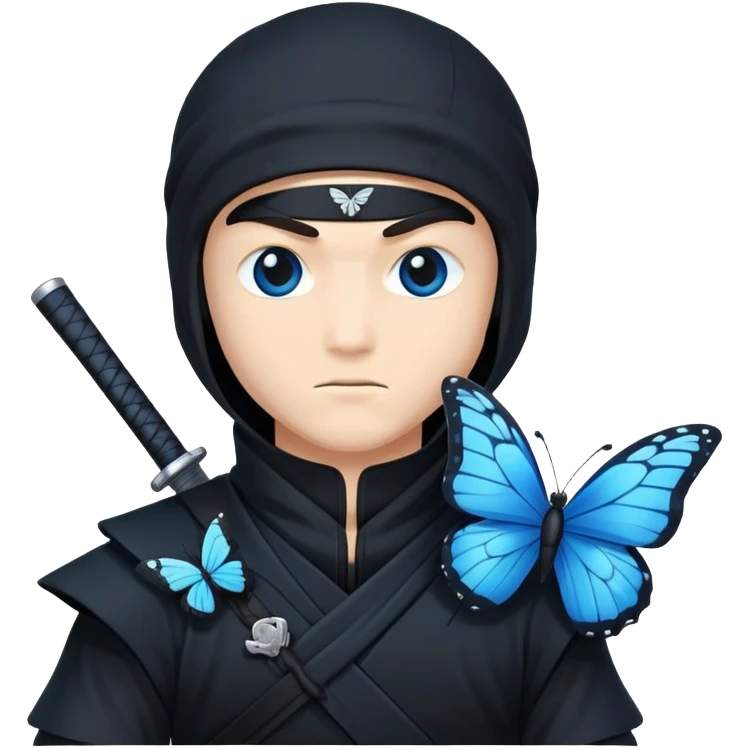 Crea un emoji para usar en WhatsApp con estos dos emoji 🥷🏻 🦋.
Ninja vestido de negro con la piel blanca y una mariposa azul posada en su hombro izquierdo como si la mar6 estuviera volando en su hombro. emoji