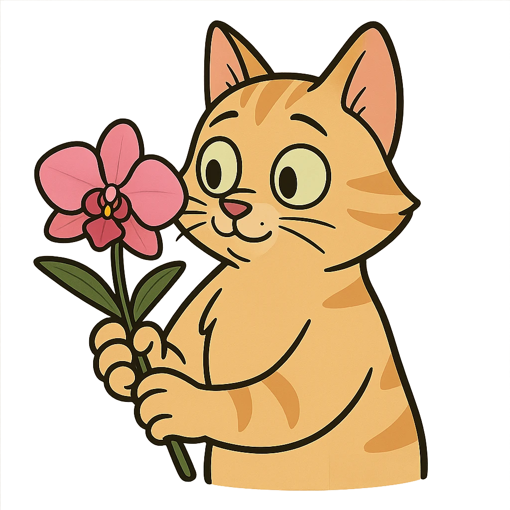 cat holding an orchid, western adult animation cartoon style emoji