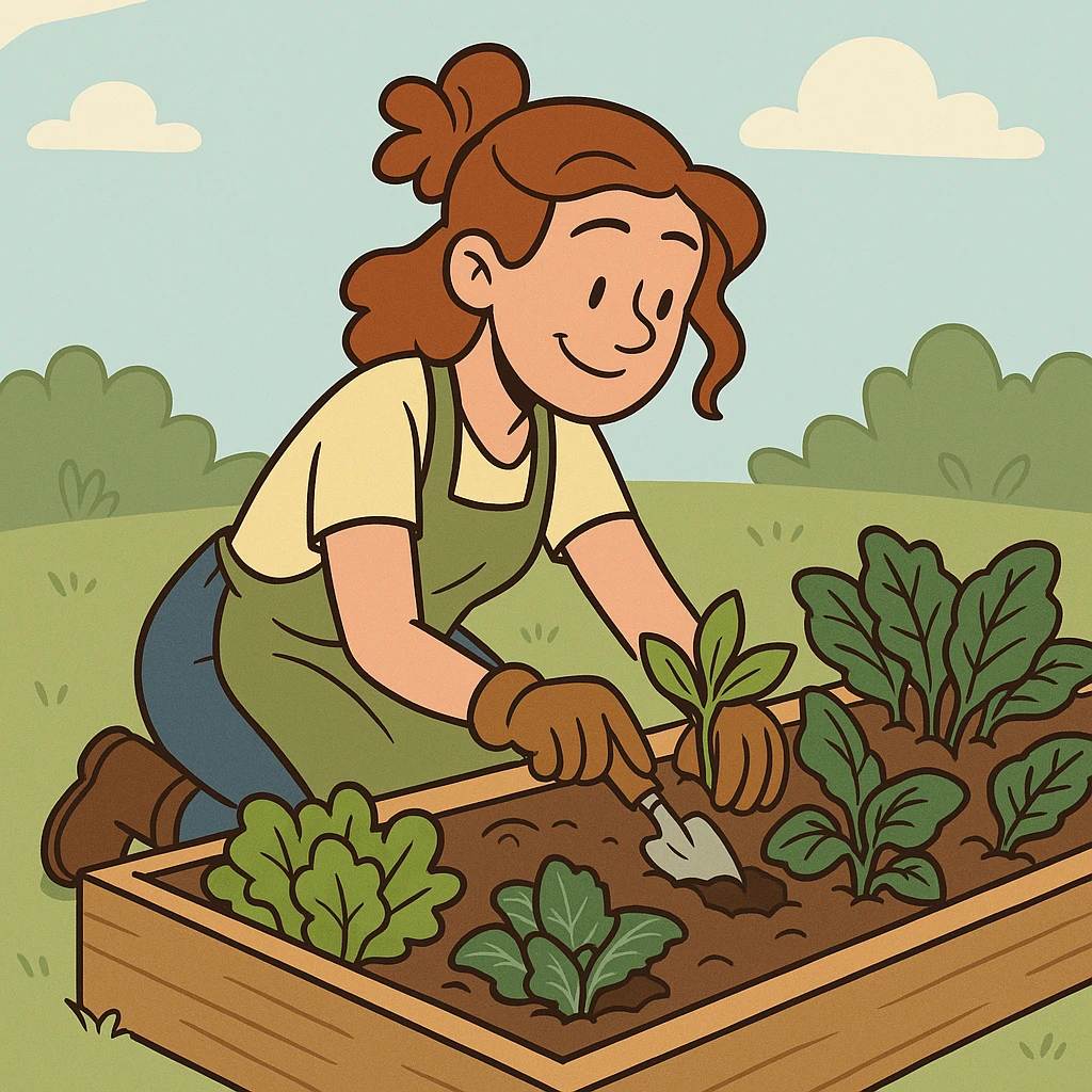a woman gardening a raised bed vegetable garden, flat toon style emoji