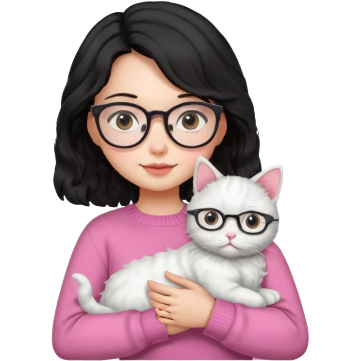 a girl with a black wavey hair, wearing a pink sweater and glasses, holding a cute white cat, only upper body, high quality. emoji