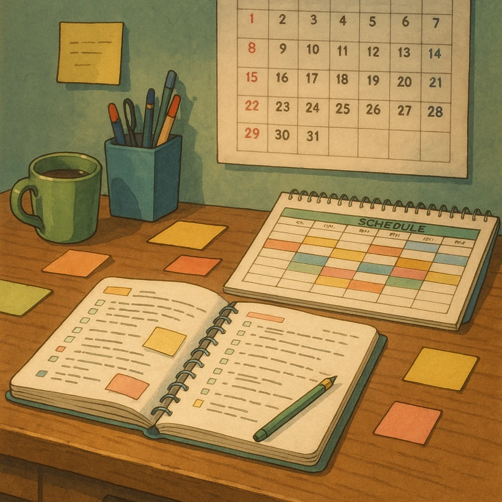 Productivity, organization, desk, notes, calendar, schedule emoji
