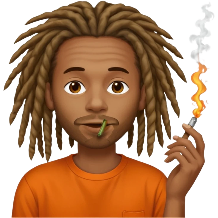 Brownskin man with long dreadlocks orange shirt smoking weed blunt in mouth emoji