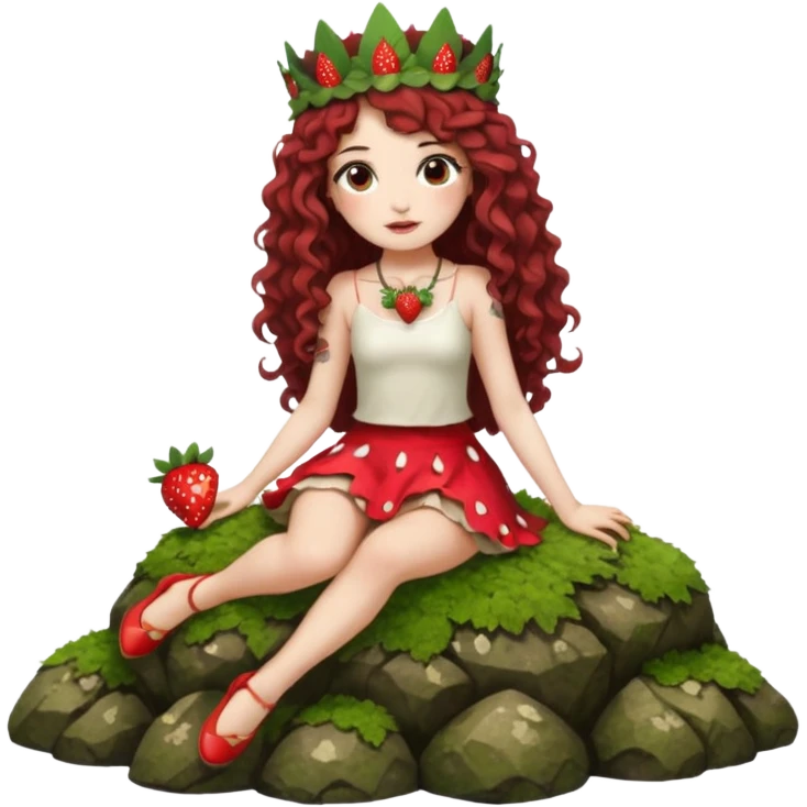 full body woman long curly brown hair brown eyes white skin tattoos sitting on moss rock wearing strawberry crown and short petal skirt emoji