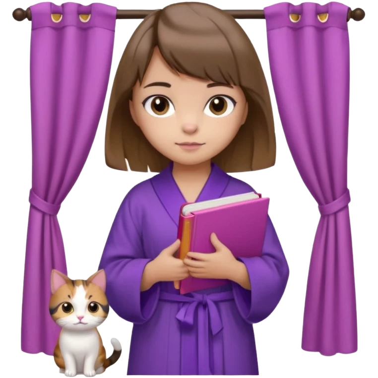 Девушка с короткими волосами до плеч русого цвета, посередине головы есть чёлка шторки, с черными бровями, карие глаза, у неё фиолетовый халат, стоит в полный рост, в руках она держит розовую книгу, а возле ноги сидит кот  emoji
