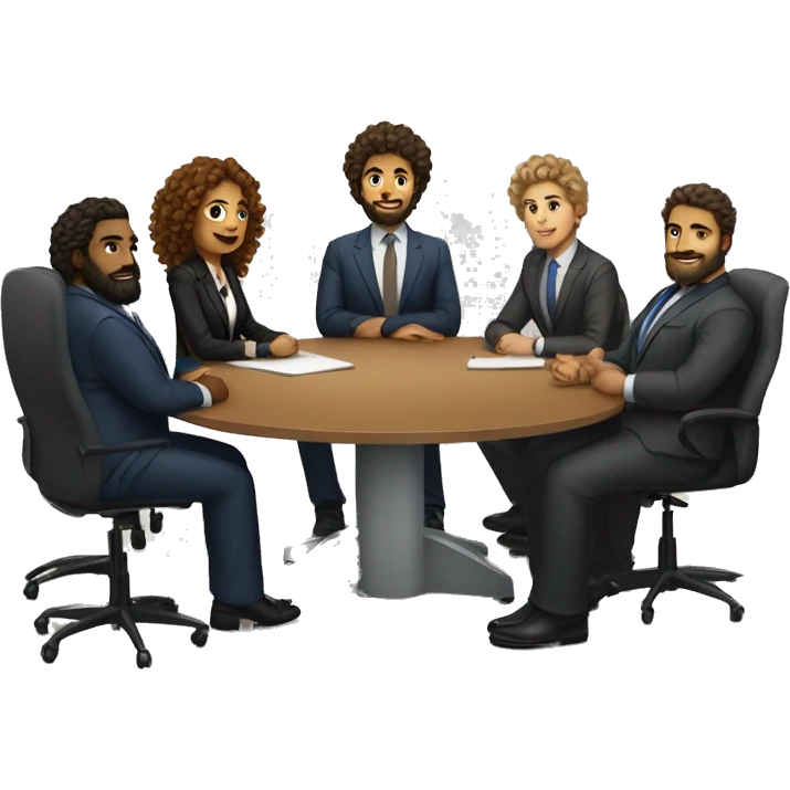 work meeting table 3 men and 4 women sitting on a table wearing suits the women have curly hair and one of the men is fat with a beard and of them is tanned with curly hair emoji