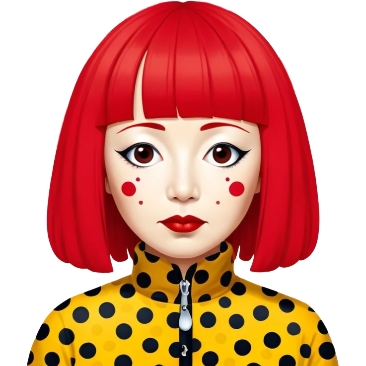 Yayoi Kusama – Cinematic Realistic Portrait of Yayoi Kusama, depicted as an avant-garde artist with an eccentric, captivating expression surrounded by her iconic polka dot patterns, rendered with vivid textures and imaginative lighting that evokes her unique, surreal creative world. emoji