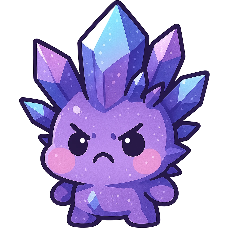 kawaii chibi style crystal sprite creature, purple, blue, and pink colors, angry expression, puffed cheeks emoji