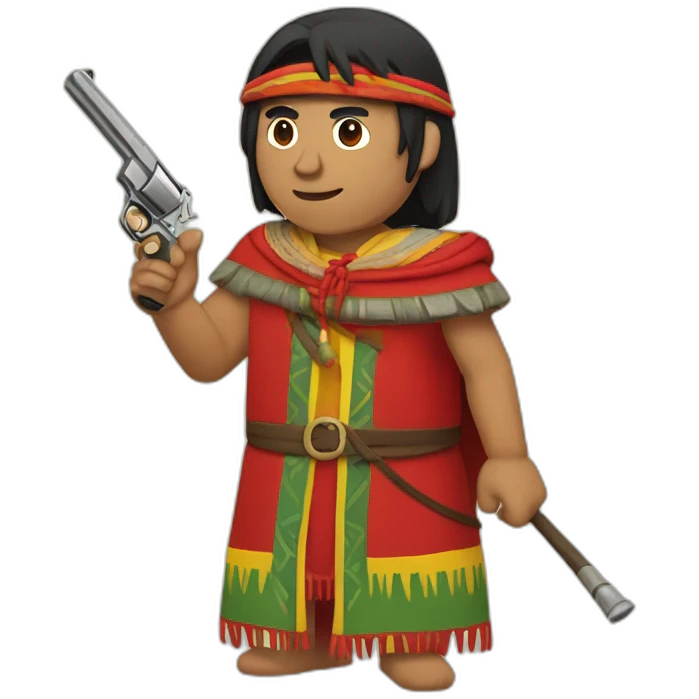 An Inca man, neck-length black hair, wearing a Red headband and wearing a red poncho (with yellow, green and red lines) and holding a pistol emoji