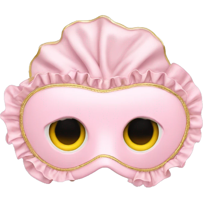light pink sleep mask with ruffles and gold lettering emoji