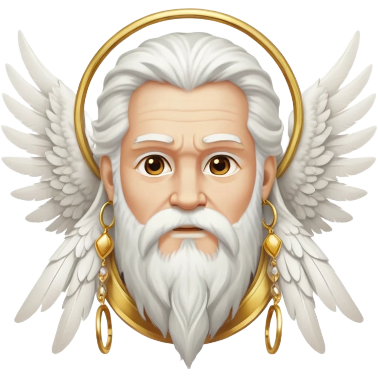 Zeus-like deity with large white feathered wings, long white hair and beard, wise expression, gold hoop earrings hanging from ears emoji