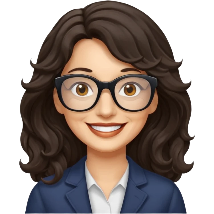 woman 60 long dark weavy hair, brown eyes rectangle dark glasses emoji