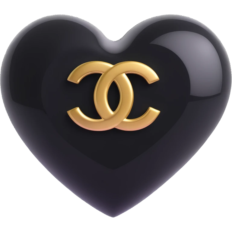 Apply a gold Chanel logo on the heart, keep it elegant, glossy, black and white, 3D emoji style, with no background. emoji