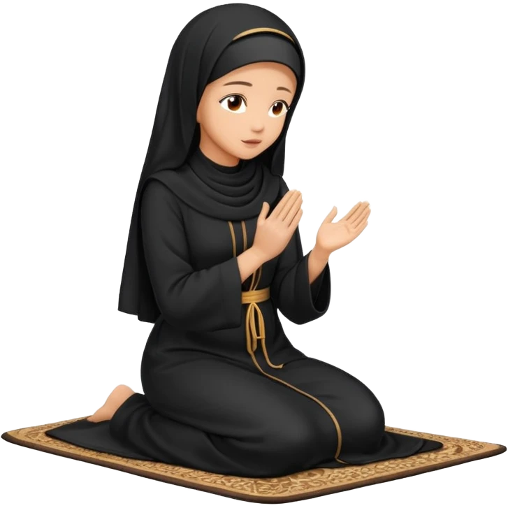 Light skin Muslim woman in black abaya side profile praying on prayer mat  holding up hands to god emoji