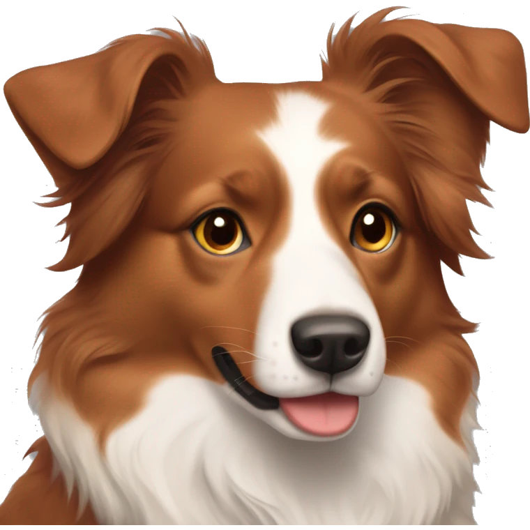Red Australian shepherd with one pointy ear with a girl with black hair, light skin, brown eyes and soft smile emoji