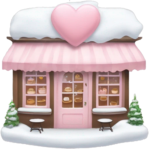 pale pink coffee shop covered in snow heart emoji