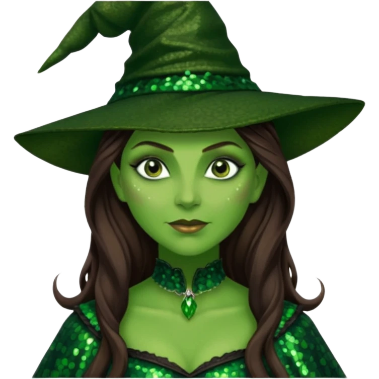 Elphaba, Wicked Witch of the West from The Wizard of Oz with long brown hair, dark green sequin outfit, green skin emoji
