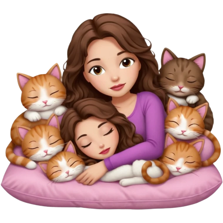 girl with long wavy brown hair, brown eyes, long lashes makeup, sexy pink lips, light to medium complexion,  sleeping on a cozy pillow, with 6 cute cats, sleeping emoji