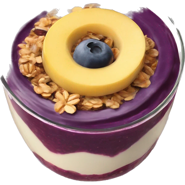 Açaí in a clear cup with layers of fruits and granola and condensed milk emoji