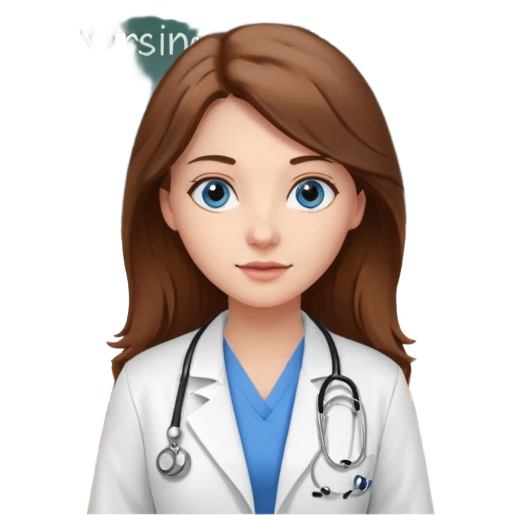 university classroom that says nursing school on the board with a pretty female nursing student with long brown hair, blue eyes emoji