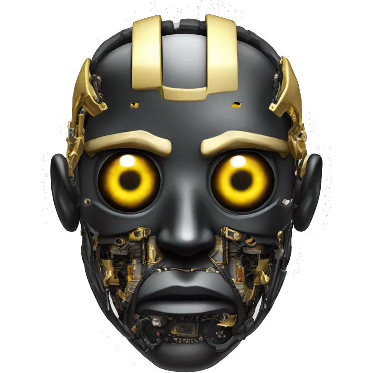 black metal male cyborg head with  one artificial eyeball, circuitry, goatee and dreaded yellow gold hair emoji