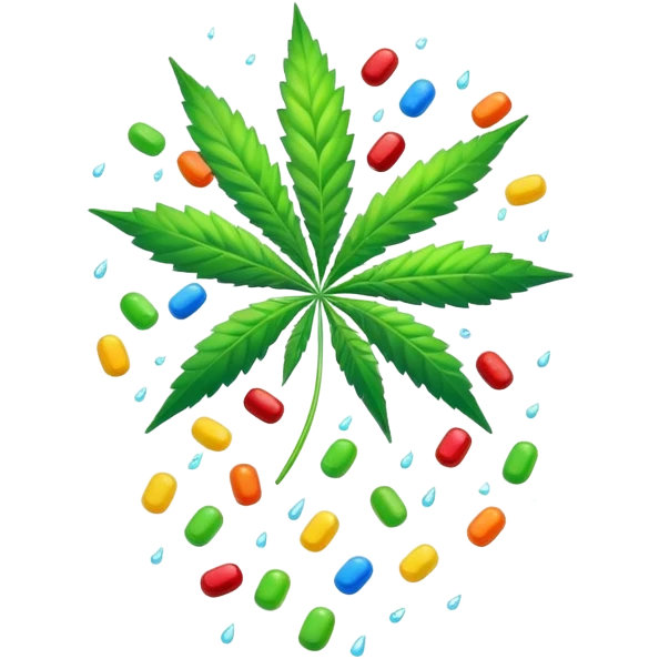 colorful candy raining down with green cannabis leaf in the center emoji