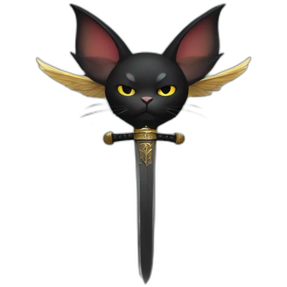 black cat with bad face, big wings, a samurai sword, dressed like a king emoji