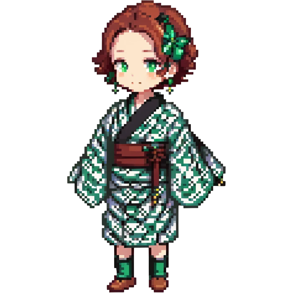 Tanjiro Kamado from Demon Slayer, pixel art style, green and black checkered haori, hanafuda earrings, small sprite emoji