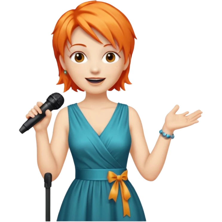 singer, Middle age, orange hair, happy, holding mic, wearing dress emoji