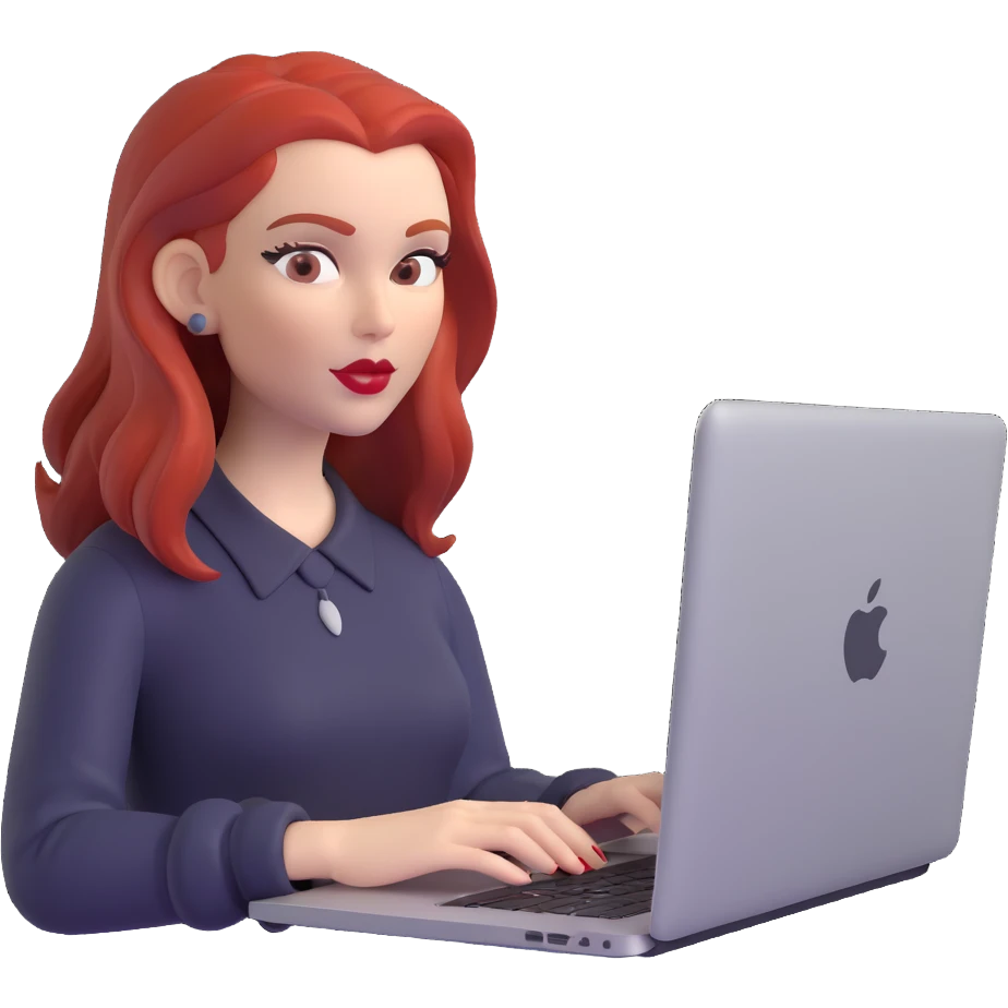 white-skinned red-haired woman with middle-parted red hair, red lipstick, using a MacBook emoji