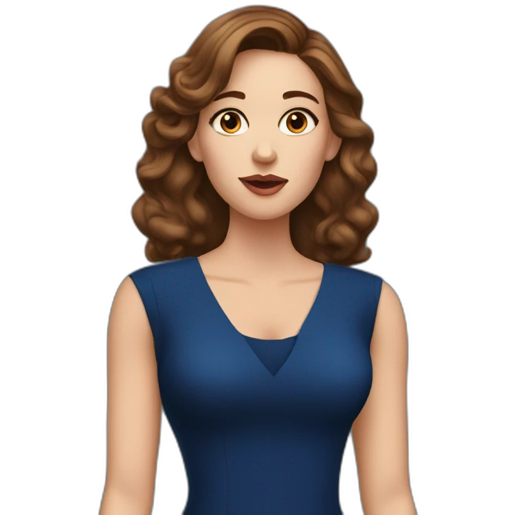 A white woman with brown hair, blowing a kiss, wearing a dark blue dress, and long earrings emoji