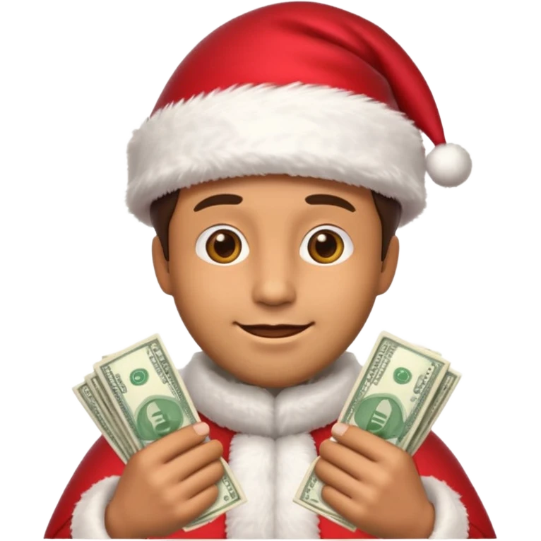 A confident rich emoji face wearing a Santa hat, money stacks, casino vibe, New Year theme, premium 3D emoji style, sharp details, no text, isolated on transparent background emoji