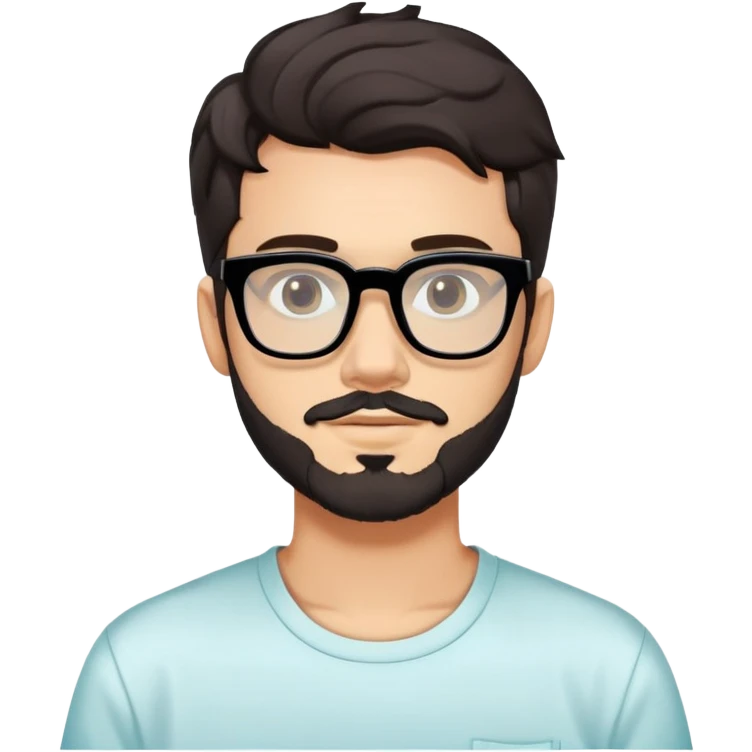 young adult man with light skin, short beard, dark wavy hair, relaxed expression, very wide rectangular glasses with thick black acetate frame and thick double bridge, retro oversized style, colorful open shirt and white t-shirt emoji