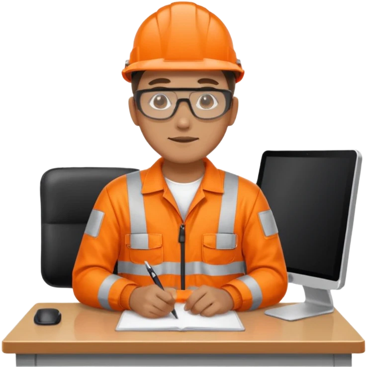 man in orange reflective safety overalls sitting at a desk emoji