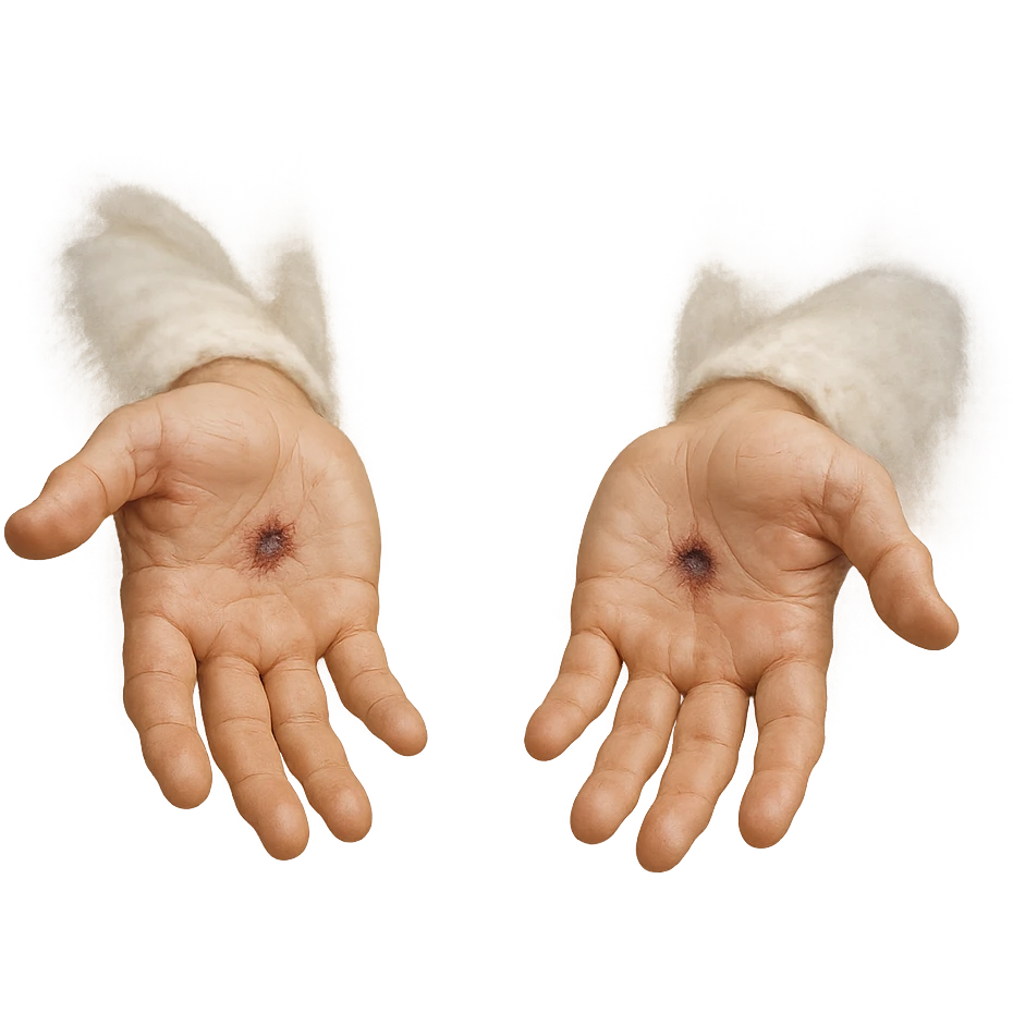 Jesus' hands after resurrection, palms open with visible but healed nail marks, soft light, spiritual atmosphere, serene and holy emoji