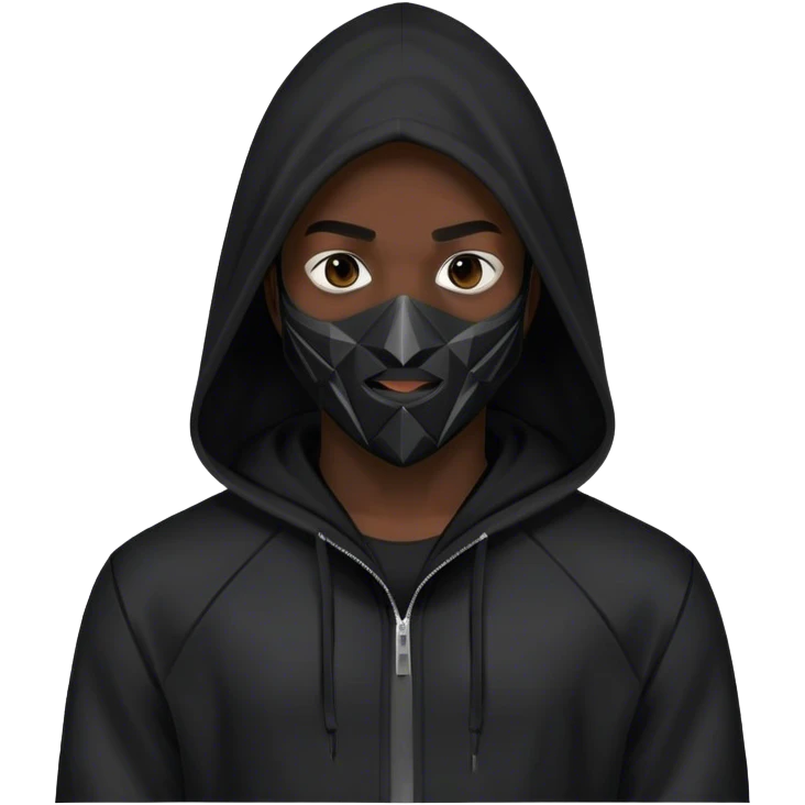 man with black hooded jacket and a full-black full-face geometric mask emoji