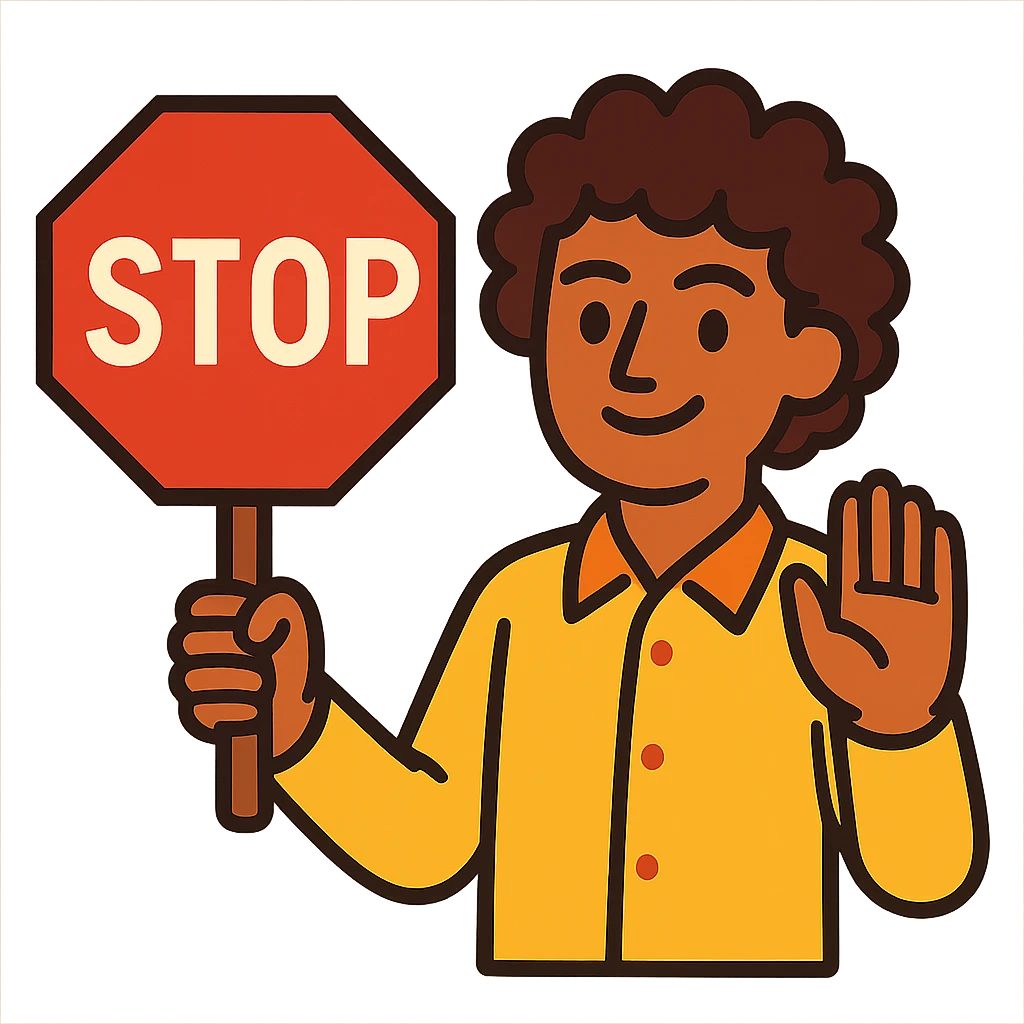 brunette person with curly hair holding a stop sign, vibrant toon style emoji