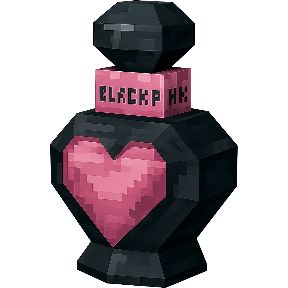 BLACKPINK-inspired gothic perfume bottle, faceted and dramatic, black and pink, no hearts, low poly 3D style emoji