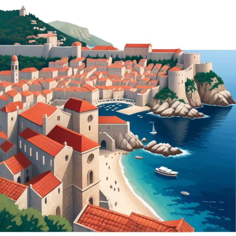 Cinematic Realistic aerial view of the historic city of Dubrovnik, showcasing its iconic red-roofed architecture, fortified walls, and sparkling Adriatic coastline, rendered with rich textures and warm Mediterranean lighting that captures its old-world charm. emoji