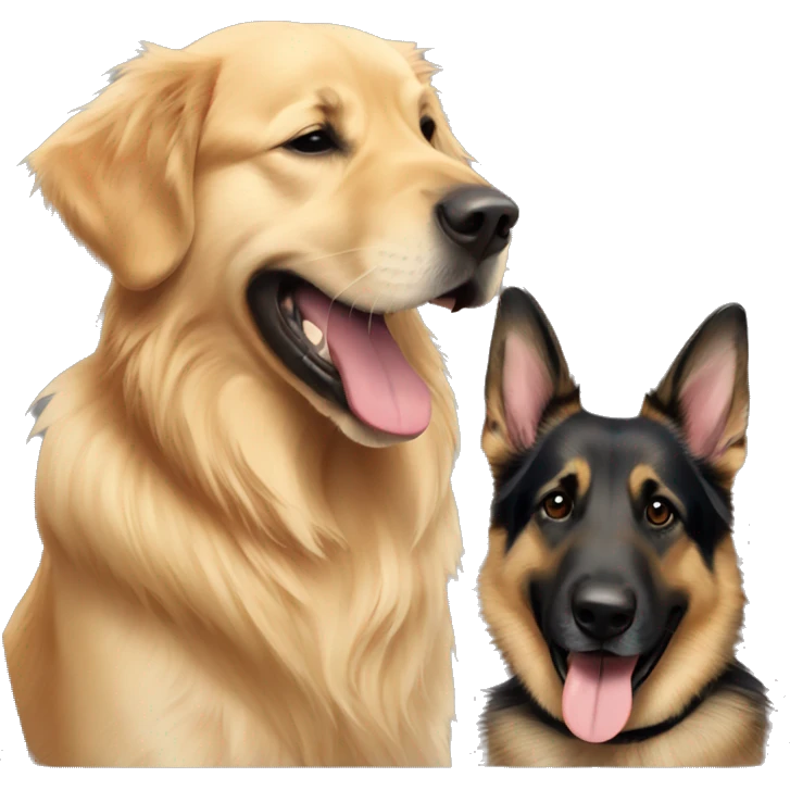 golden retriever hugging german shepherd both with their tongue out emoji