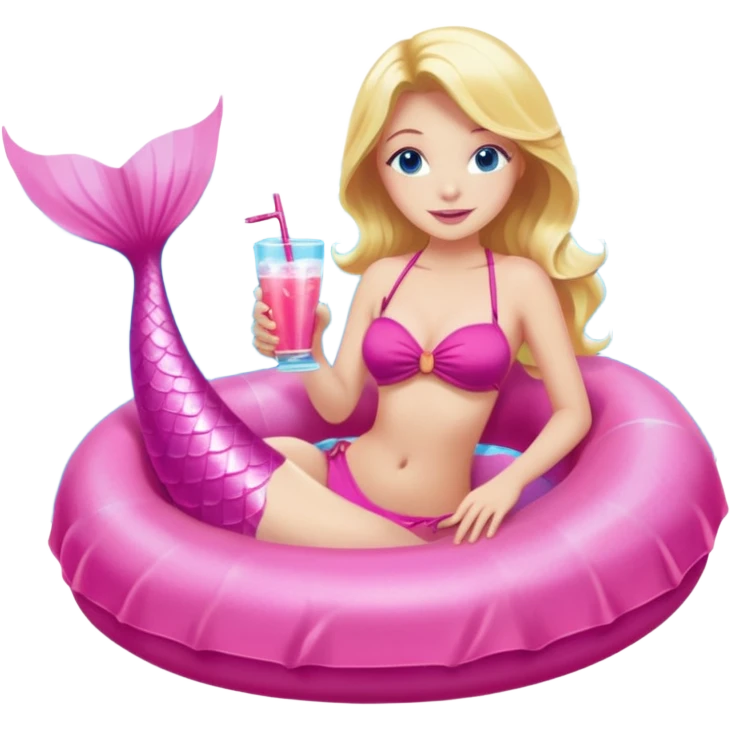  woman with blonde hair and blue eyes sitting in a pink pool tube in a blue pool sipping a drink wearing a pink bikini top and a pink mermaid tail  emoji