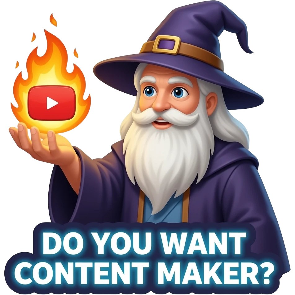 A wizard’s hand holding a glowing, magical YouTube logo like a fire spell. glowing white text on the bellow: "DO YOU WANT CONTENT MAKER?" High fantasy, mystical particles, clean, sticker style emoji
