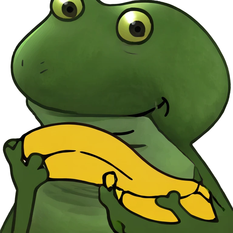 Pepe the frog eating a banana, bufo style meme, silly face emoji
